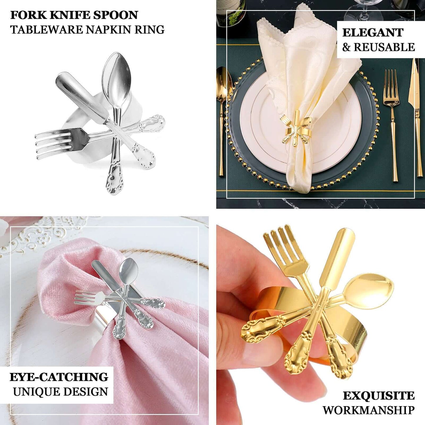 4 Pack Silver Metal Fork Knife Spoon Design Napkin Rings - Utensil Themed Napkin Holders