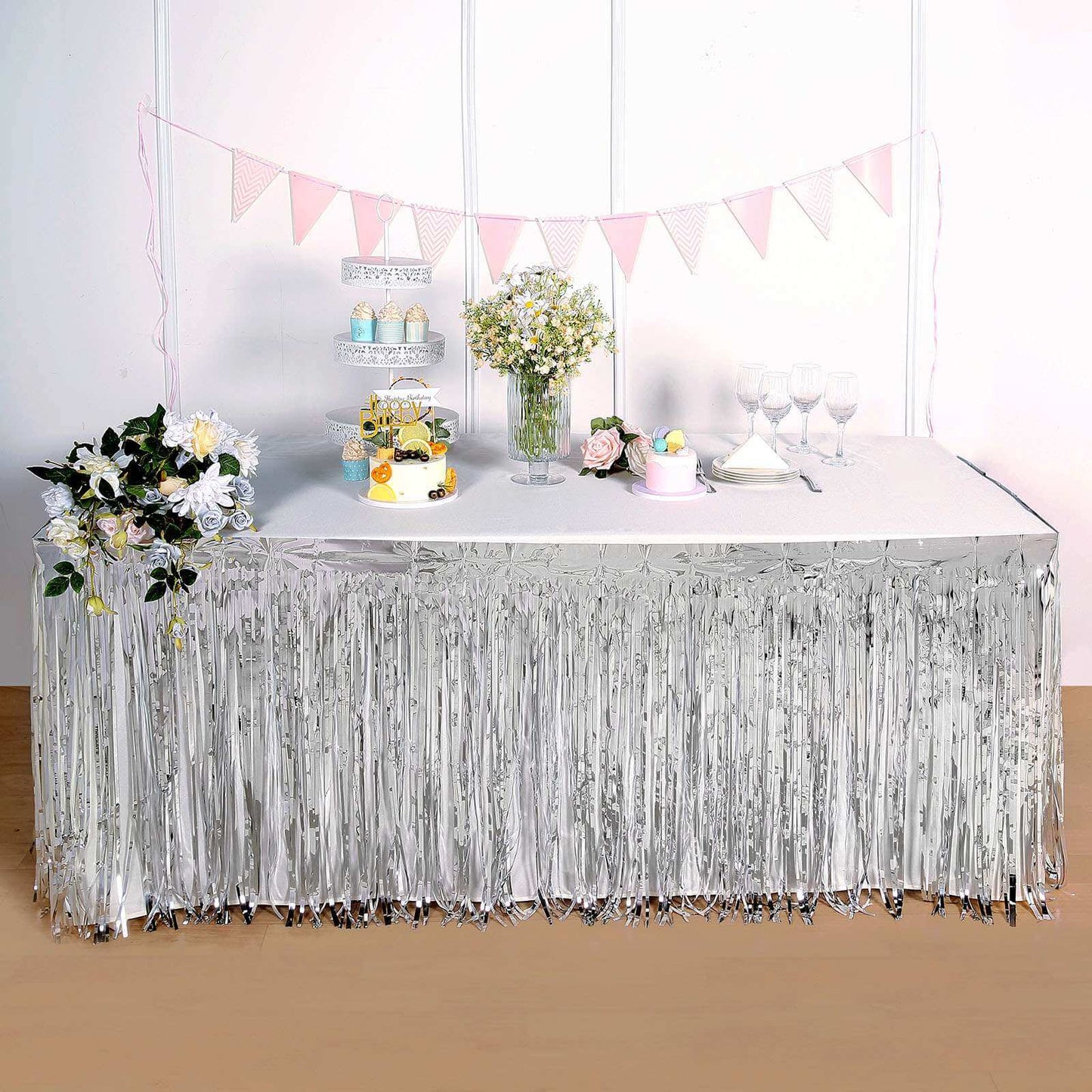 Metallic Foil Fringe Table Skirt Silver with Self Adhesive Backing - Durable Tinsel Skirt for Parties 30"x9ft
