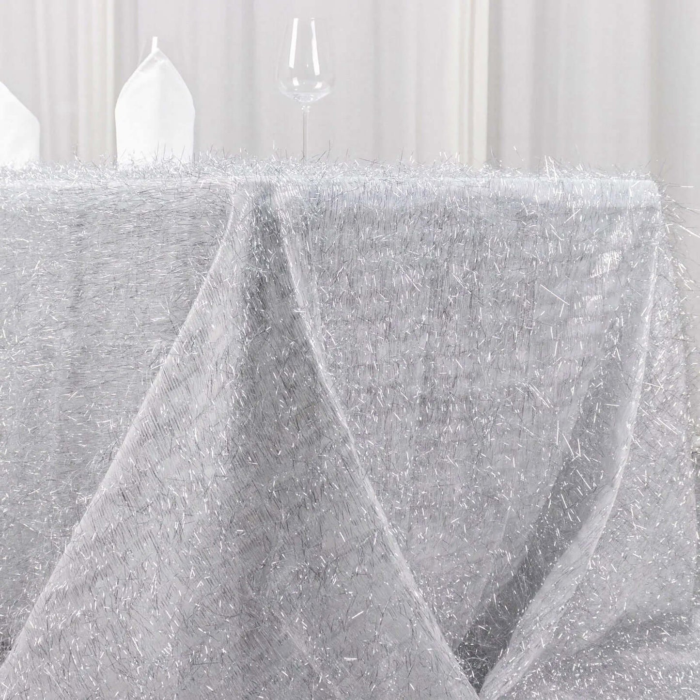 Polyester 90"x156" Rectangle Tablecloth Silver Metallic Fringe Shag Tinsel Table Cover