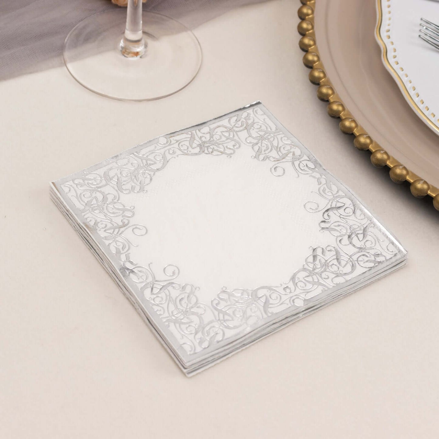 20-Pack Paper Beverage Napkins with Silver Foil Lace Design White - 3 Ply Disposable 18GSM European Style Cocktail Napkins 5"x5"