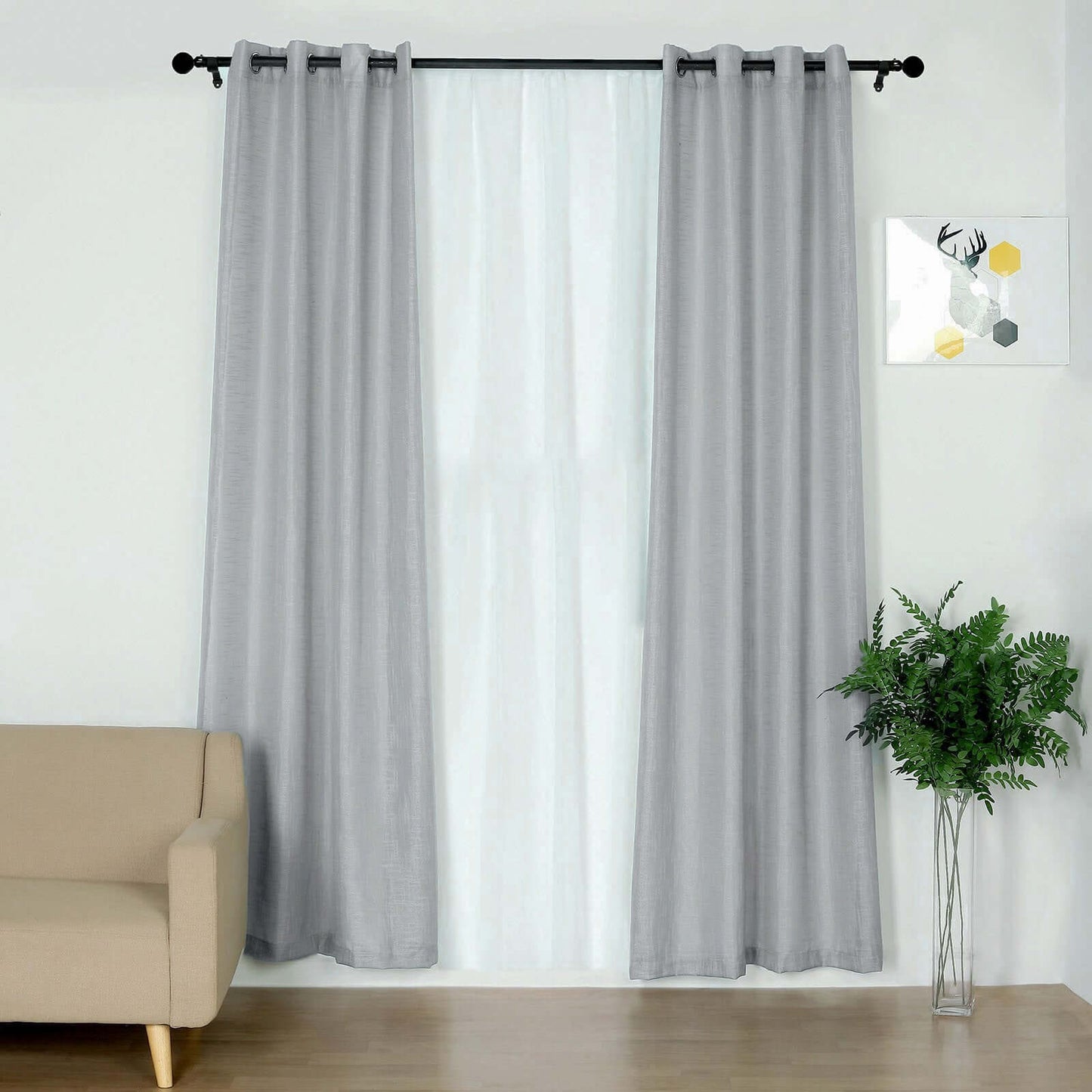 2 Pack Handmade Silver Faux Linen Curtains 52"x96", Curtain Panels With Chrome Grommets