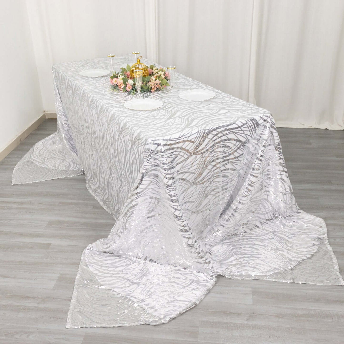 Mesh 90"x156" Rectangle Tablecloth Silver - Wave Sequin Embroidered Table Cover