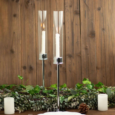 2-Pack Silver Metal Taper Candlestick Holders, Clear Glass Hurricane Candle Stands With Chimney Candle Shades 20"