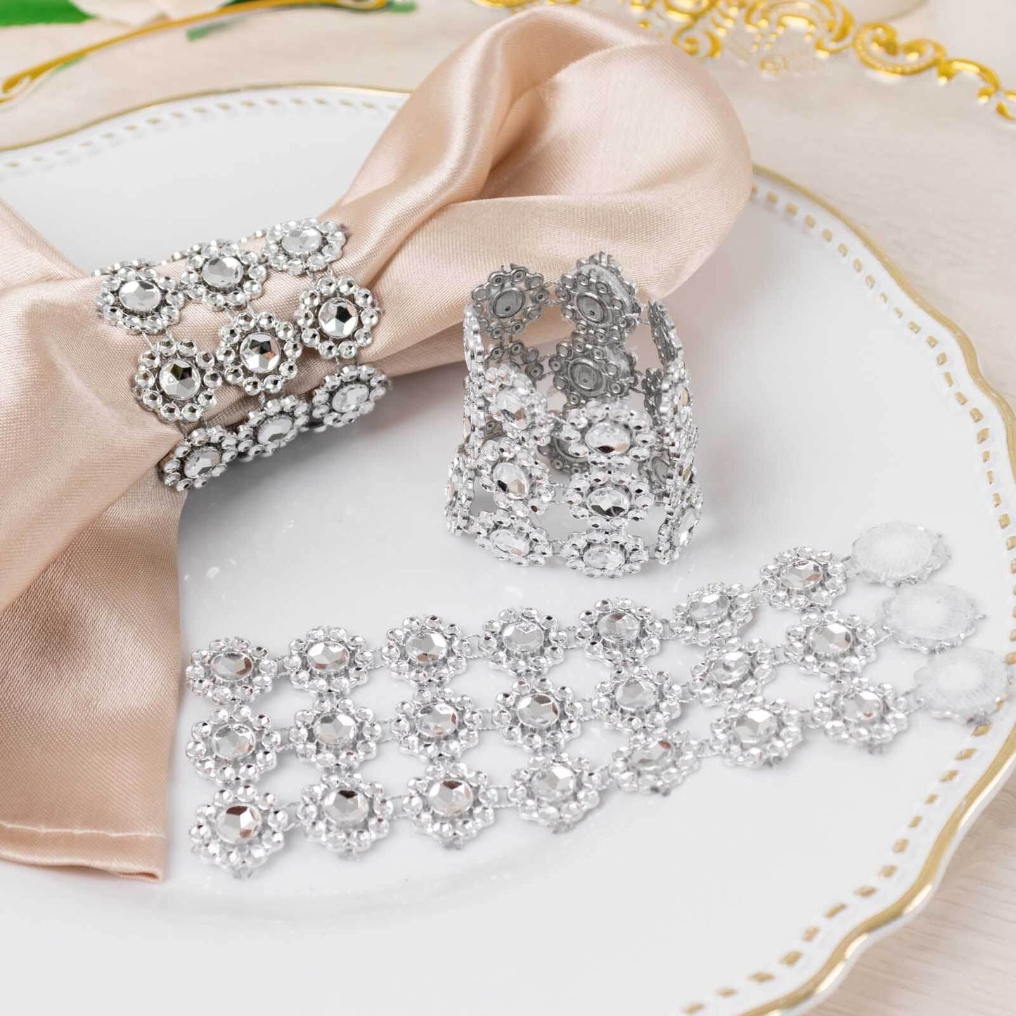 10 Pack Silver Sunflower Diamond Rhinestones Napkin Holders With Velcro, Elegant Wedding Napkin Rings