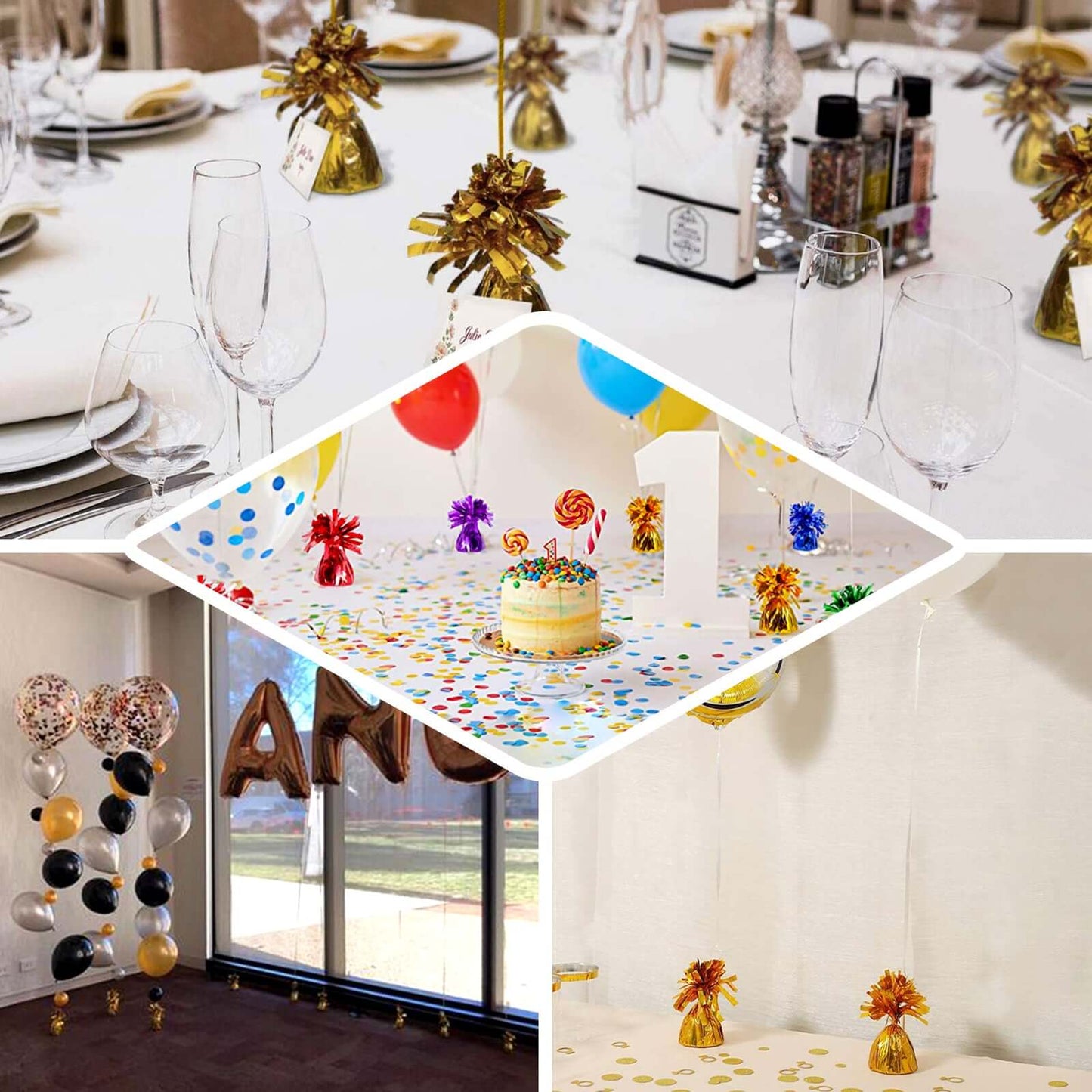 12 Pack 5" Metallic Silver Foil Tassel Top Party Balloon Weights, 5.5oz