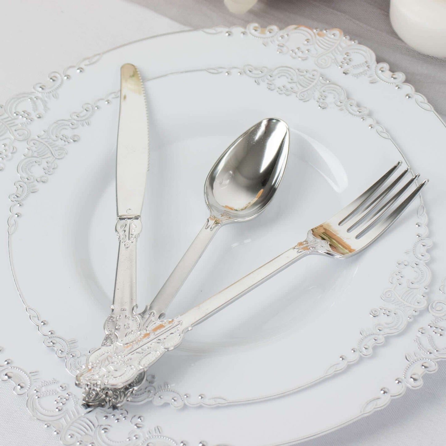 24 Pcs Plastic Silverware Set in Baroque Style Metallic Silver - Heavy Duty Disposable Knife, Fork, and Spoon Set