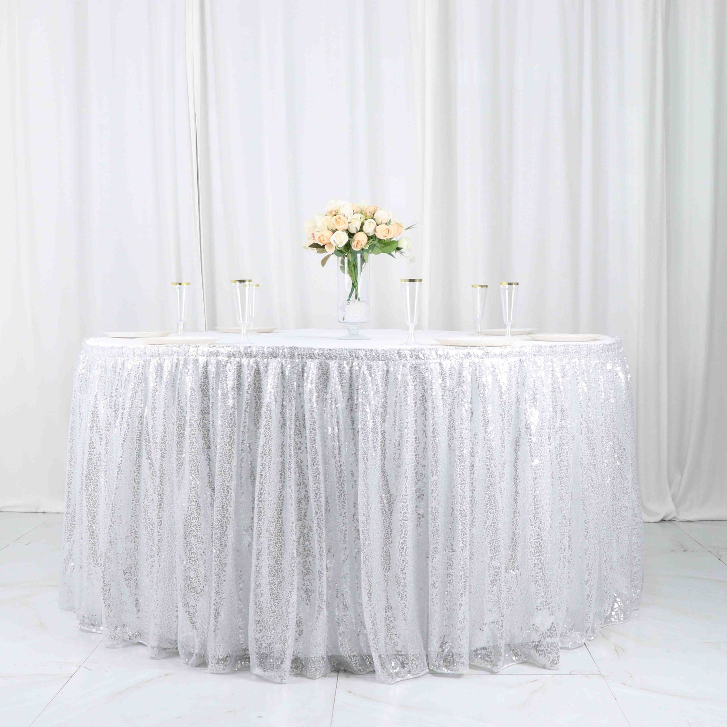 Sequin 17ft Table Skirt Silver - Pleated Satin With Top Velcro Strip