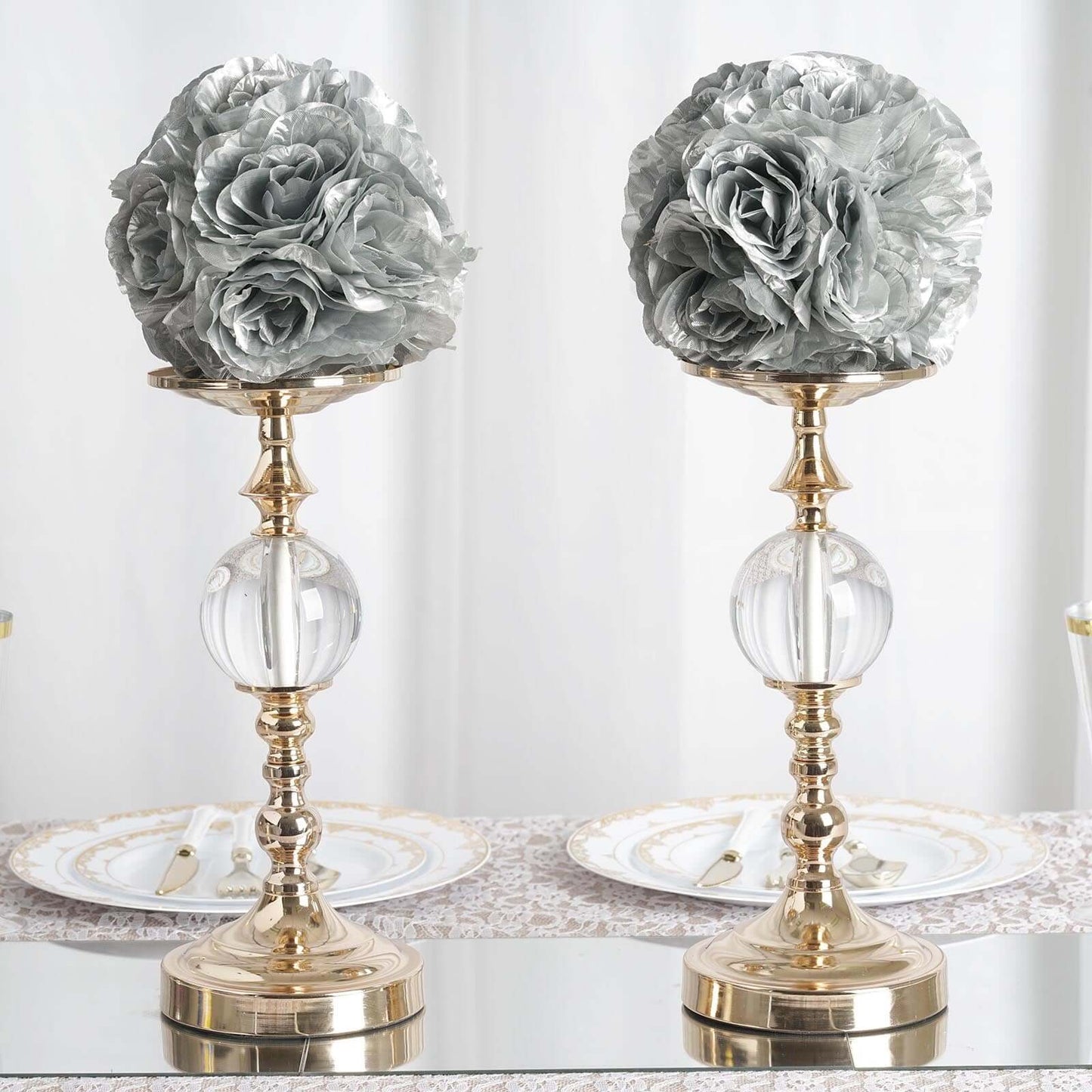 2 Pack 7" Silver Artificial Silk Rose Kissing Ball, Faux Flower Ball