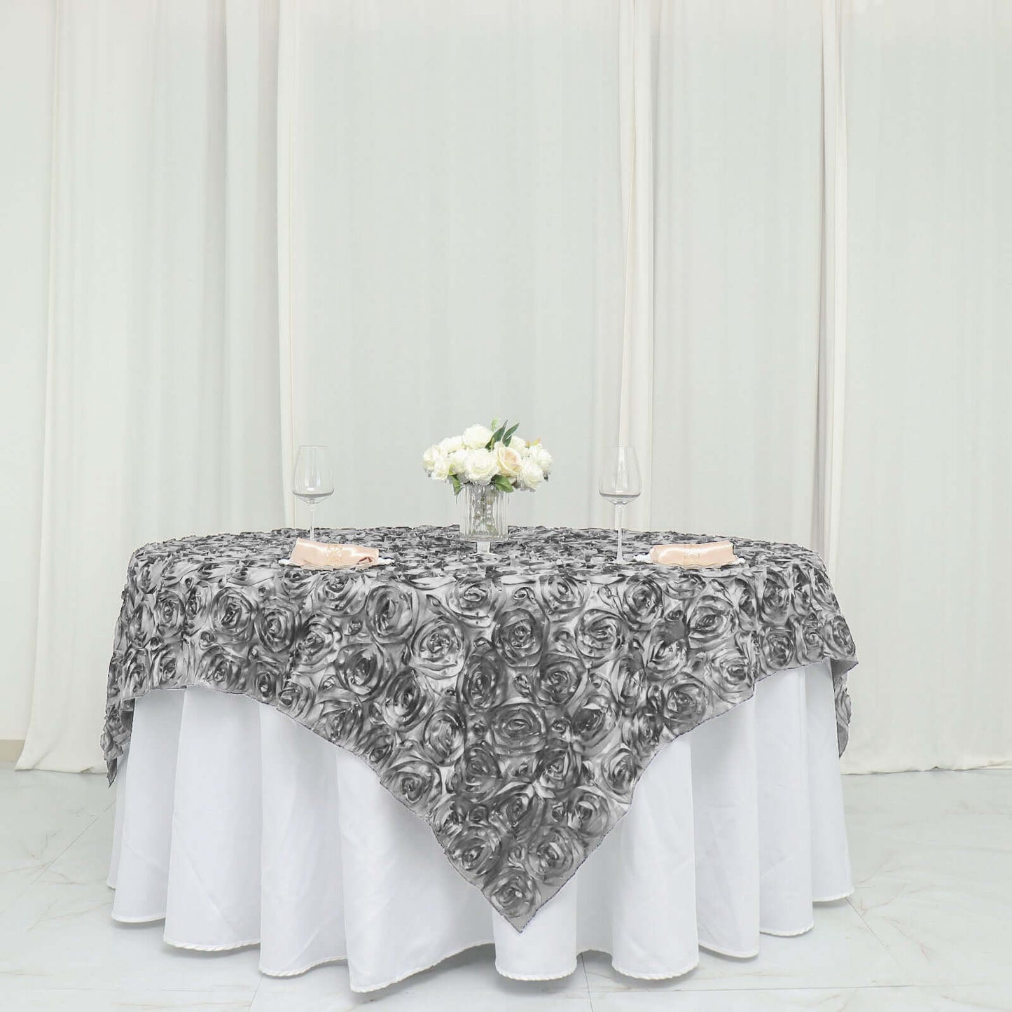 Satin 72"x72" Table Overlay Square Tablecloth Silver - 3D Rosette Table Cover