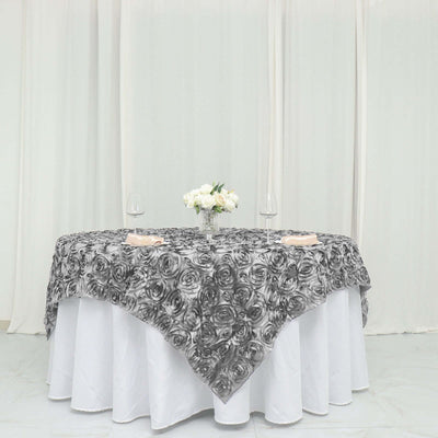 Satin 72"x72" Table Overlay Square Tablecloth Silver - 3D Rosette Table Cover