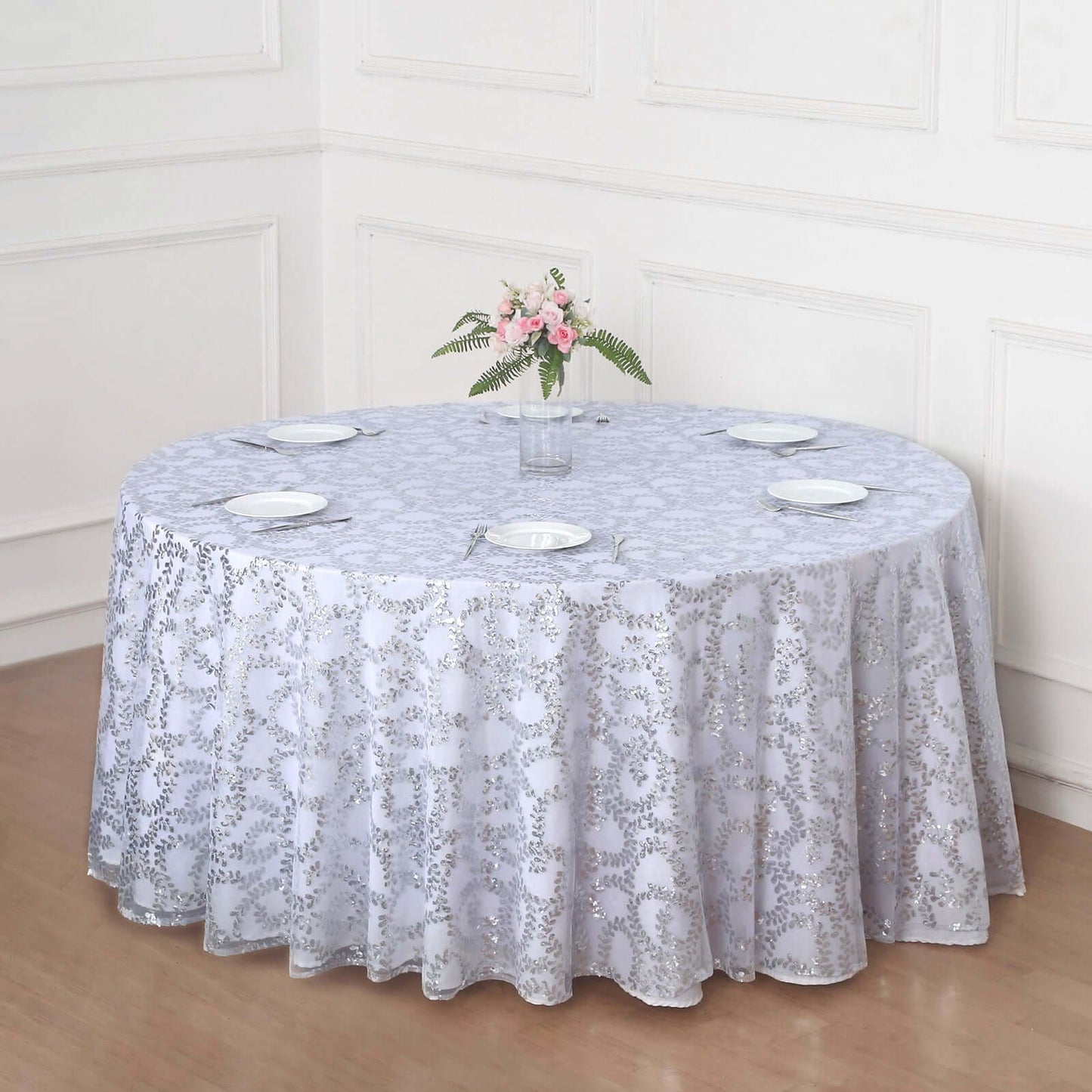 Tulle 120" Round Tablecloth Silver - Seamless Sequin Leaf Embroidered Table Cover