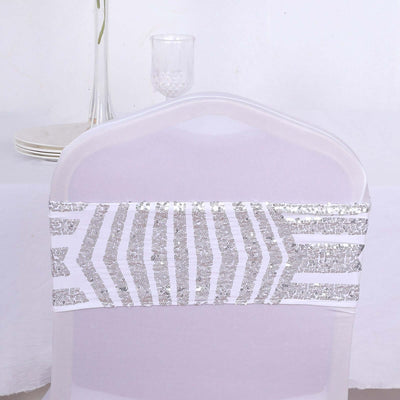 5 Pack Sequin Spandex Chair Sash White with Silver Geometric Diamond Glitz Pattern - Durable & Easy To Use Stretchable Chair Bands