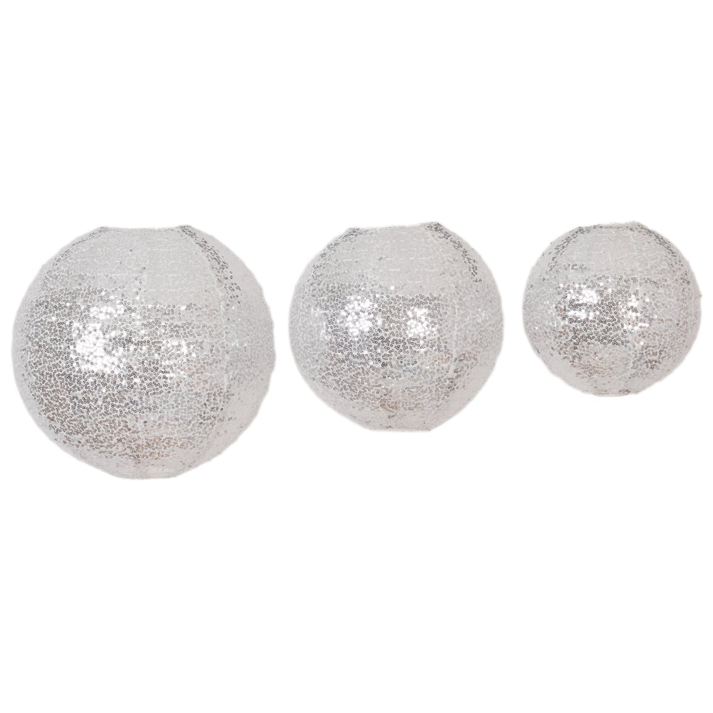 Set of 3 Glitter Silver Sequin Fabric Hanging Lanterns, Decorative Round Foldable Chinese Lantern Lampshades - 8",10",12"