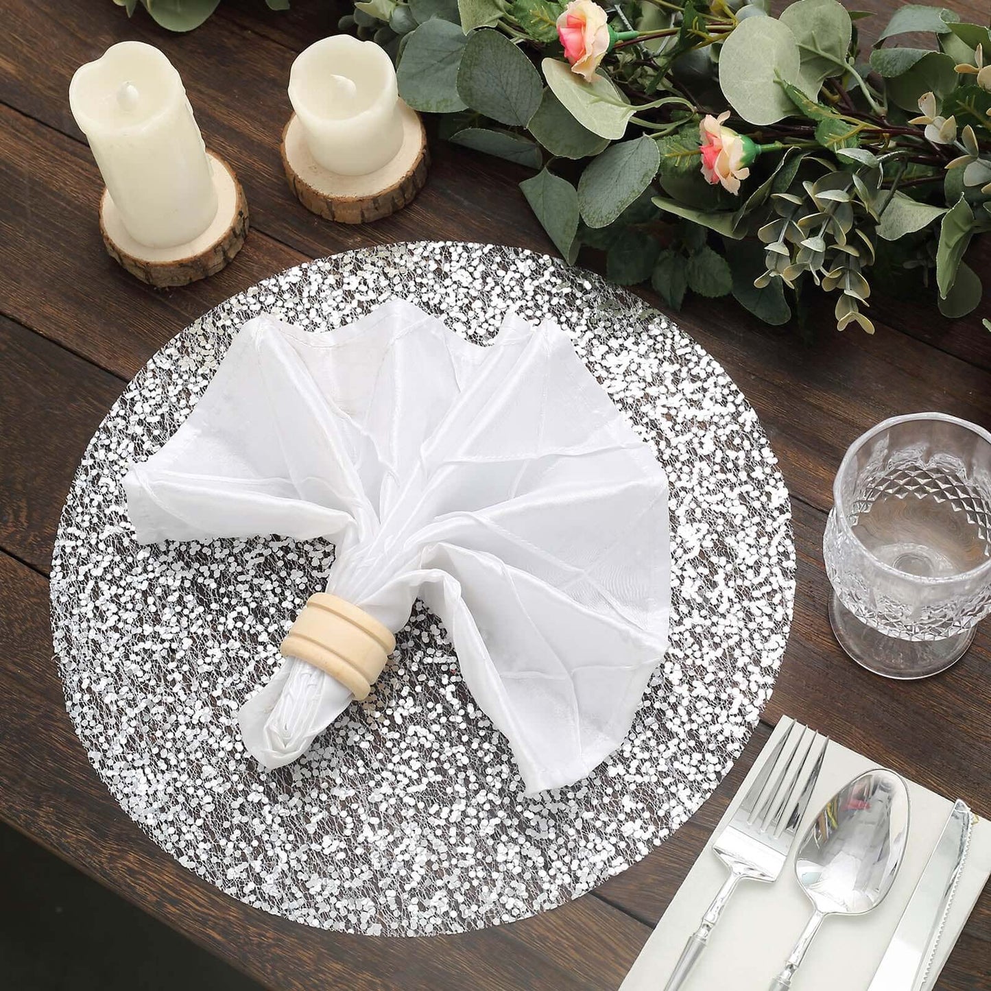 10-Pack Table Placemats Sequin Design Metallic Silver Round - Mesh Disposable Dust-Free Dining Mats 13"