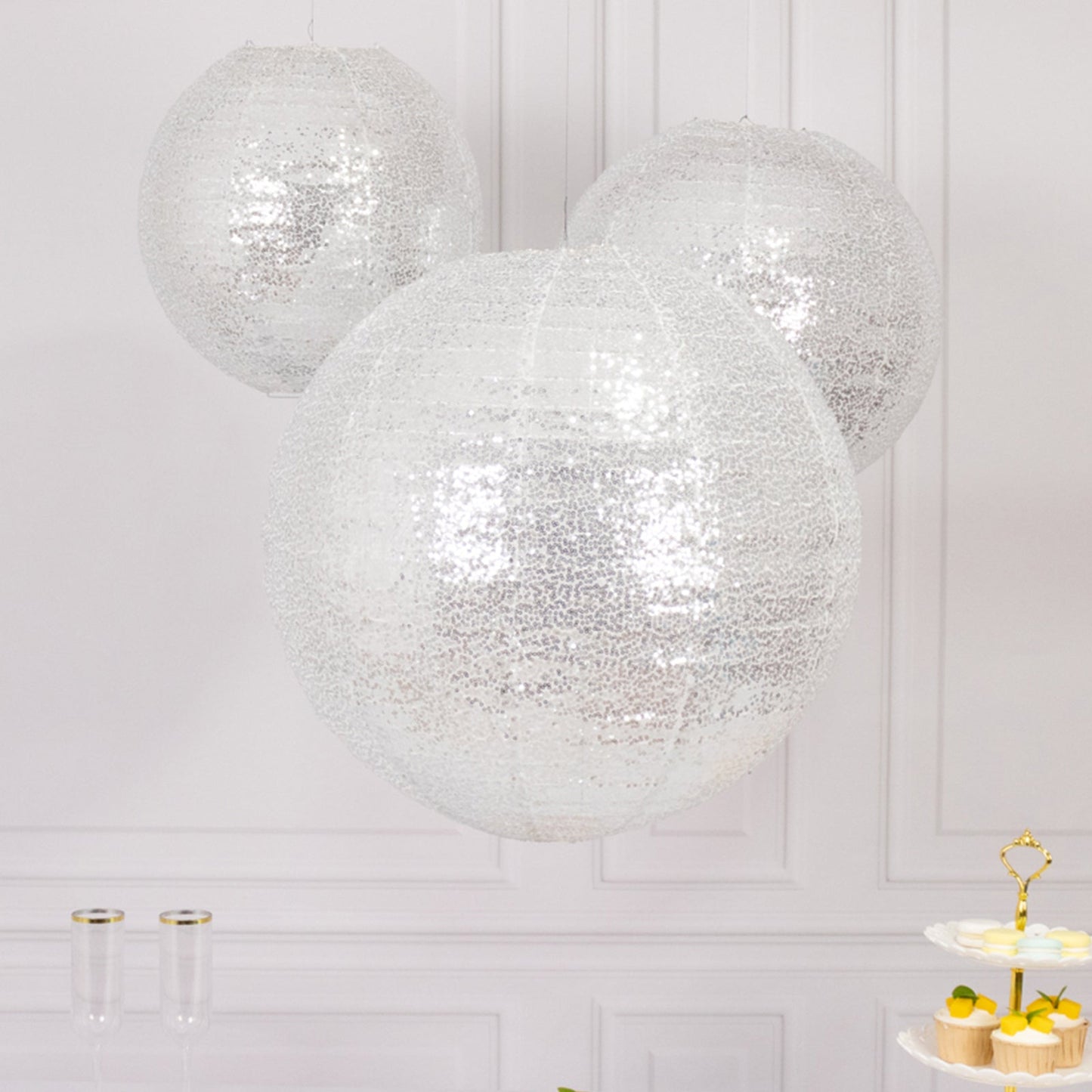 Set of 3 Glitter Silver Sequin Fabric Hanging Lanterns, Large Decorative Round Foldable Chinese Lantern Lampshades - 14",16",20"