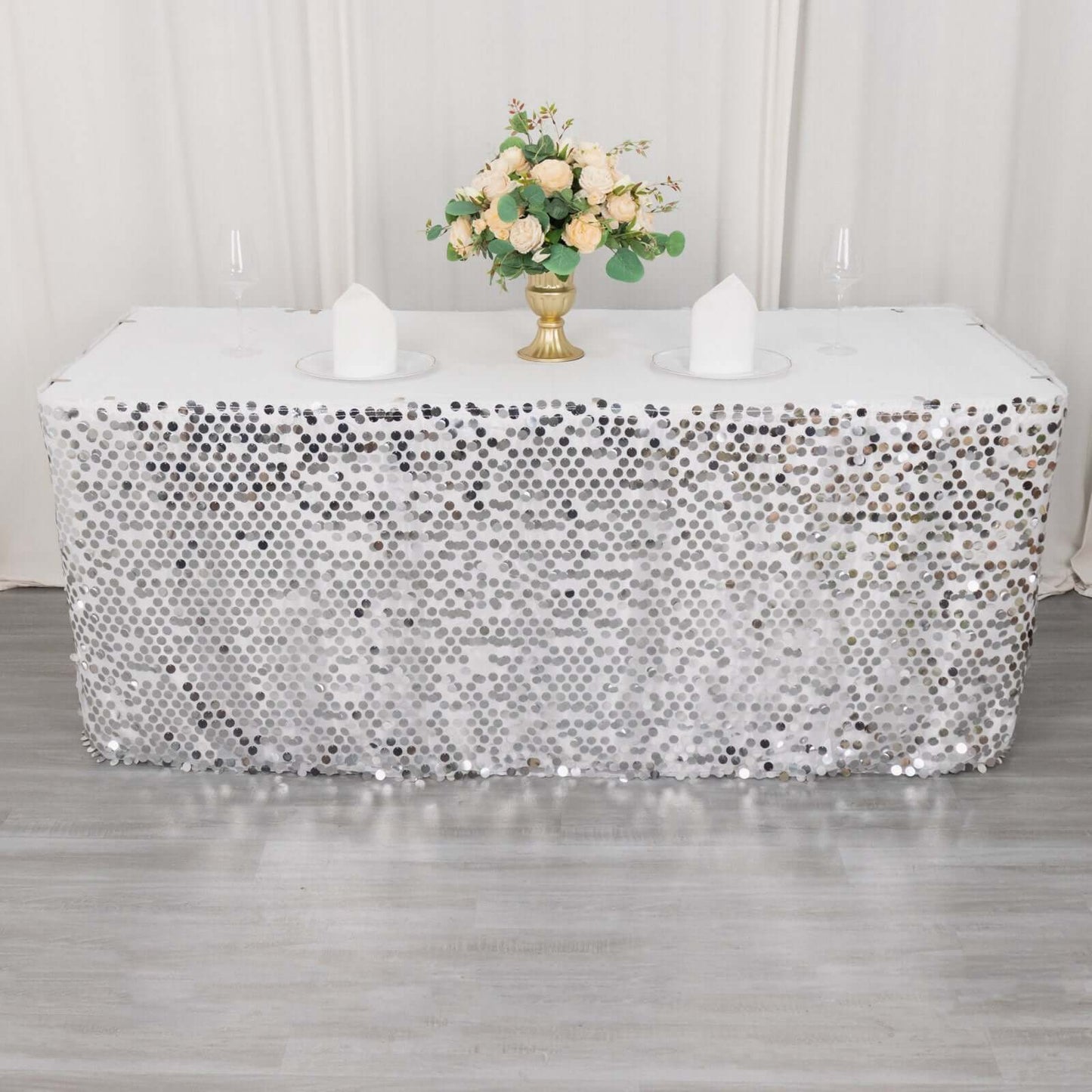 Payette Sequin 21ft Table Skirt Silver - Dual Layered Satin Table Cover