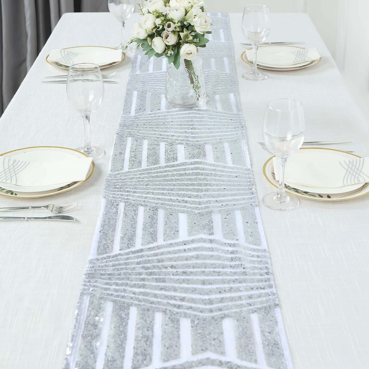 Sequin 12"x108" Table Runner Silver - Diamond Glitz Design