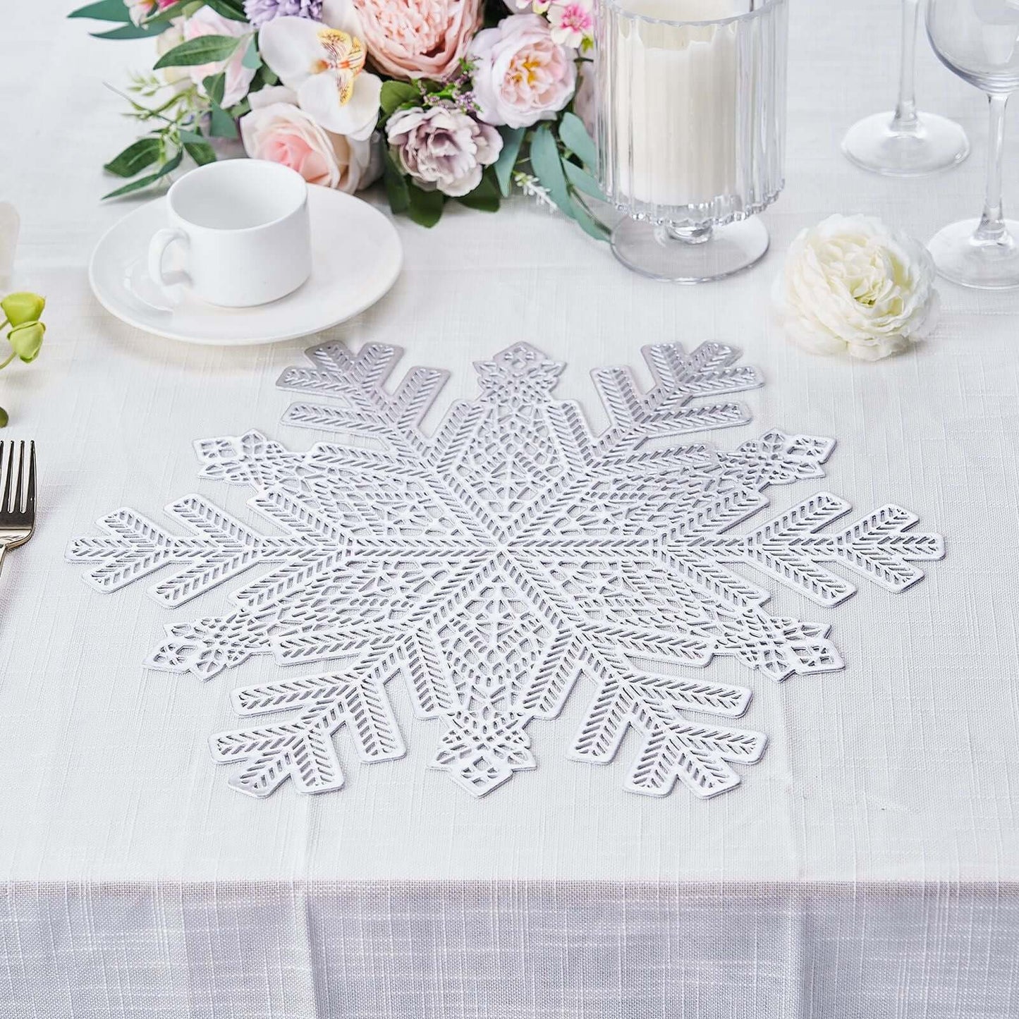 6-Pack Dining Table Mats Snowflake Design Silver - Vinyl Non-Slip Surface for Winter Decor 18"