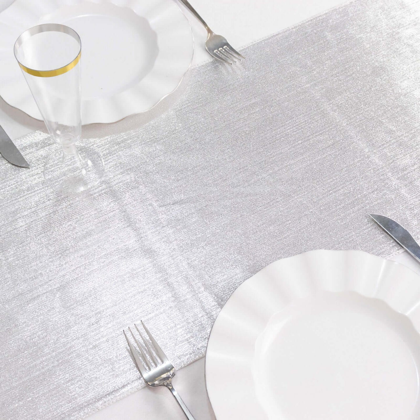 Polyester 12"x108" Table Runner Silver Shimmer Sequin Dots - Wrinkle-Free Finish Table Linen