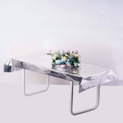 Metallic Foil Tablecloth Rectangle Silver - Decorative Disposable Table Cover 40"x90"