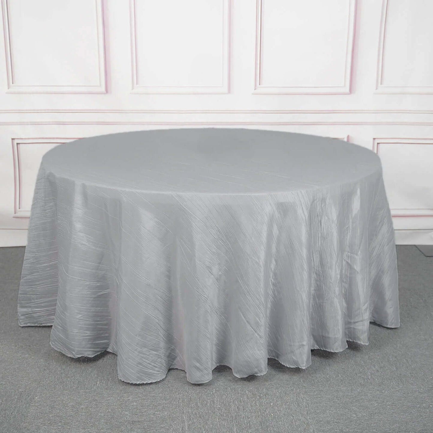 Taffeta 120" Round Tablecloth Silver - Seamless Accordion Crinkle Table Cover