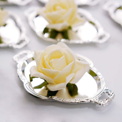 12-Pack Display Trays Party Favor Baroque Oval Design Silver - Mini Serving Platters for Sweets and Desserts 4.5"