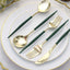 24-Pack Plastic Flatware Set in Metallic Gold with Hunter Emerald Green Handle - Heavy Duty Disposable Modern Silverware 8"