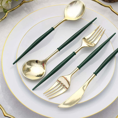 24-Pack Plastic Flatware Set in Metallic Gold with Hunter Emerald Green Handle - Heavy Duty Disposable Modern Silverware 8"