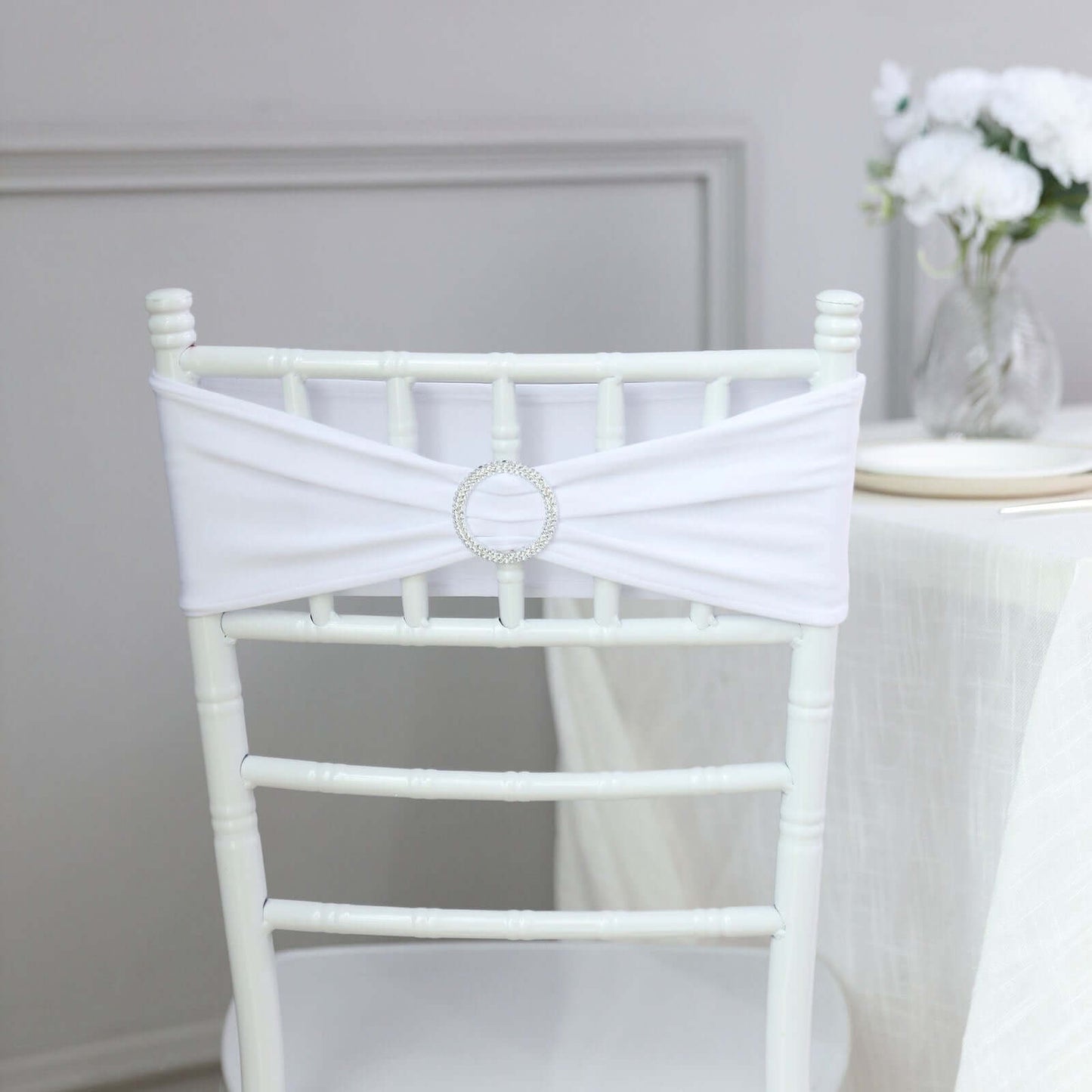 5 Pack Stretch Spandex Chair Sashes White - Classy Reusable Chair Bands with Silver Diamond Ring Slide Buckle 5"x14"