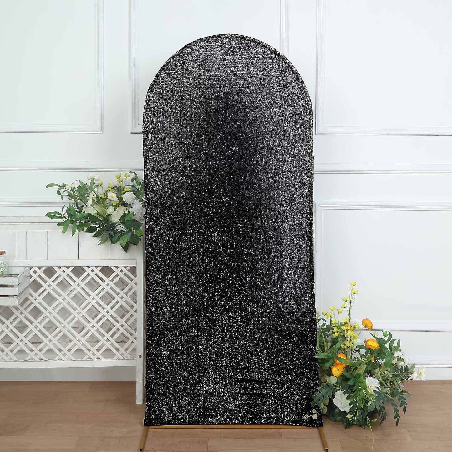 6ft Black Shimmer Tinsel Spandex Chiara Backdrop Stand Cover For Fitted Round Top Wedding Arch