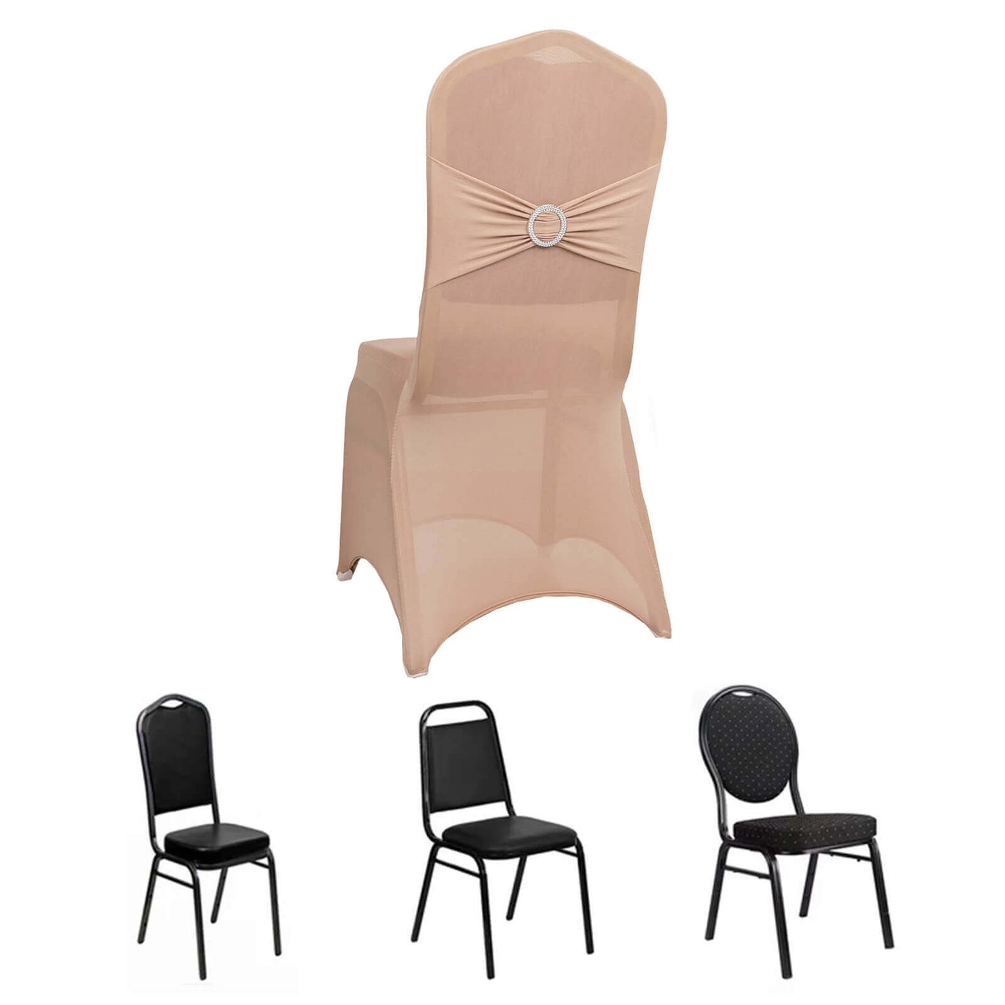 Spandex Chair Cover with Silver Rhinestone Buckled Sash Band Nude - Stretch Fitted Slipcover