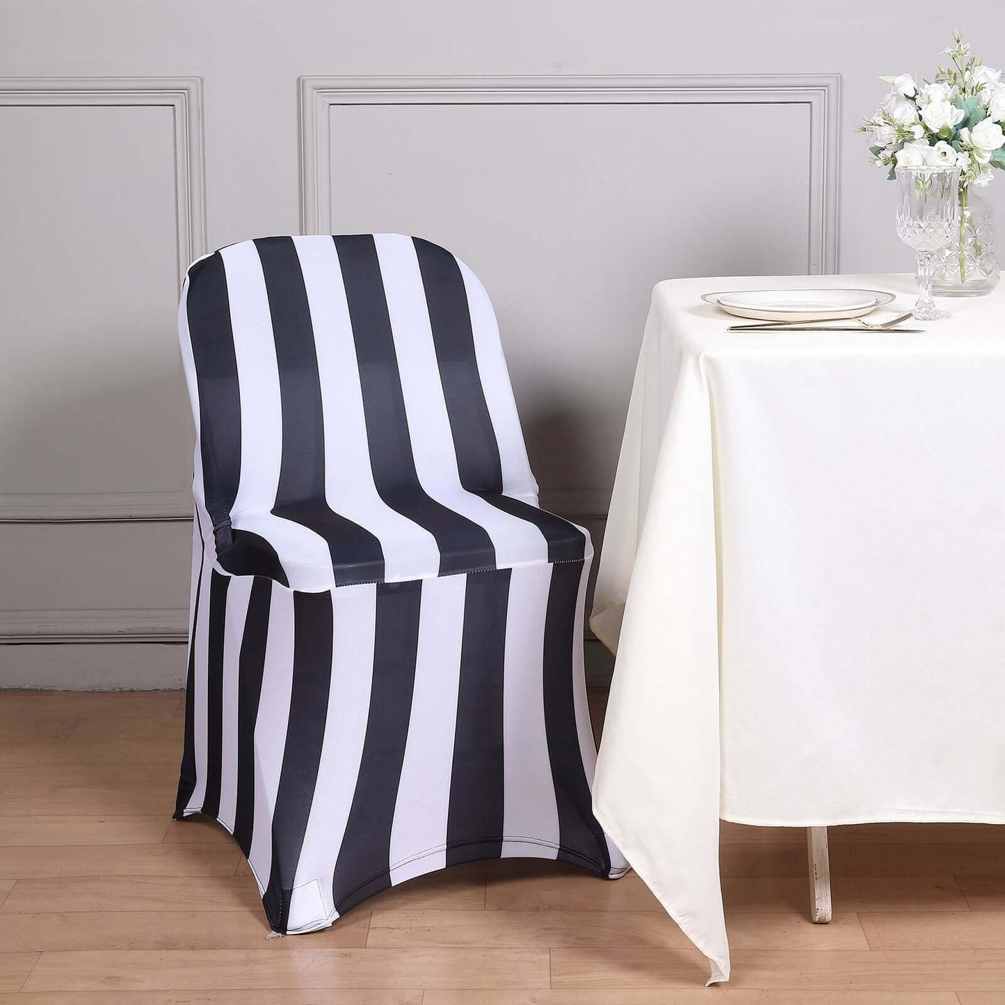 Stretch Spandex Chair Cover Black/White for Folding Chairs - 2" Striped Wrinkle Resistant Classy 160GSM Fitted Slipcover With Foot Pockets