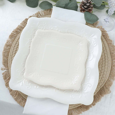 25-Pack Paper 11" Square Dinner Plates in White with Vintage Pottery Embossed Design - Shiny Disposable Serving Plates