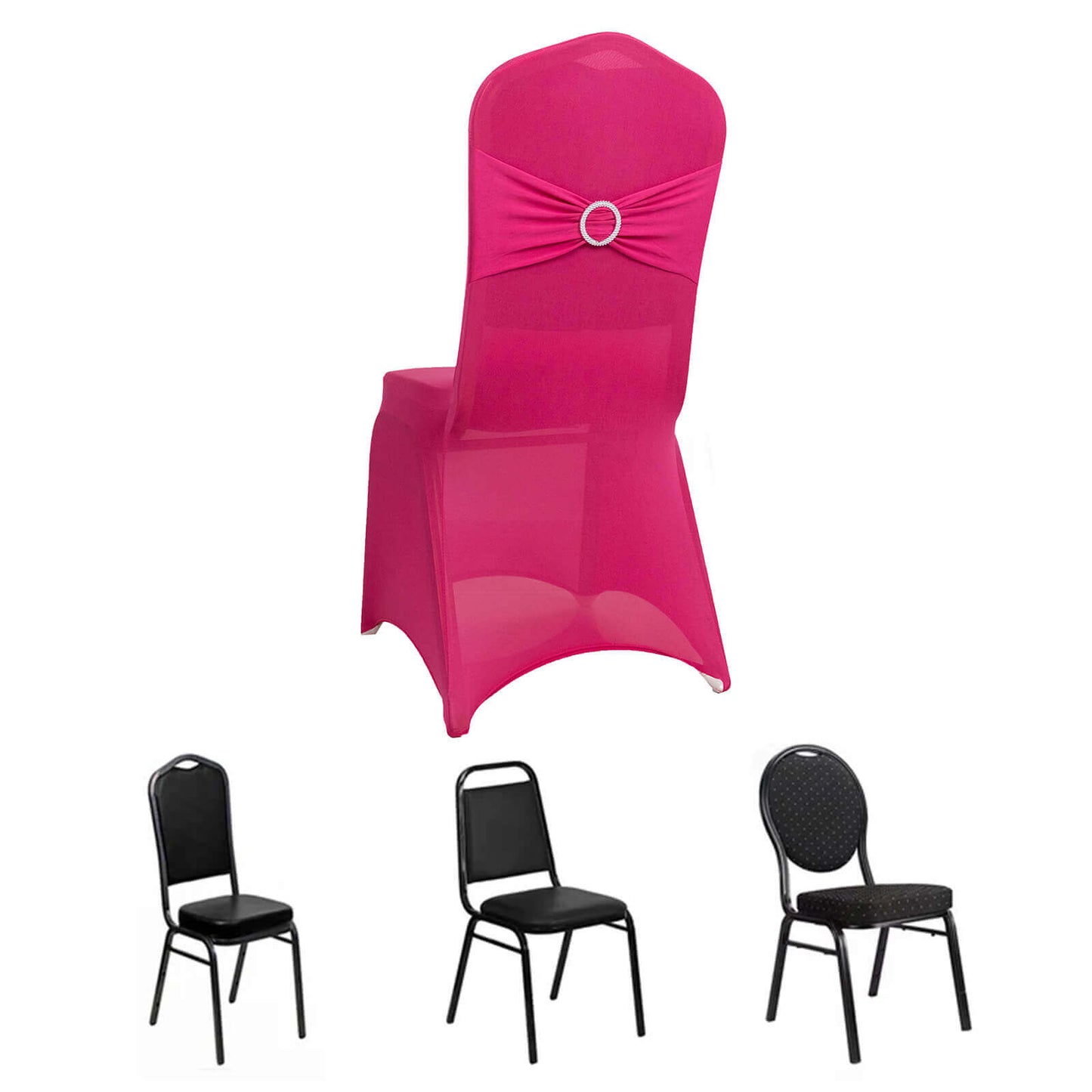 Spandex Chair Cover with Silver Rhinestone Buckled Sash Band Fuchsia - Stretch Fitted Slipcover