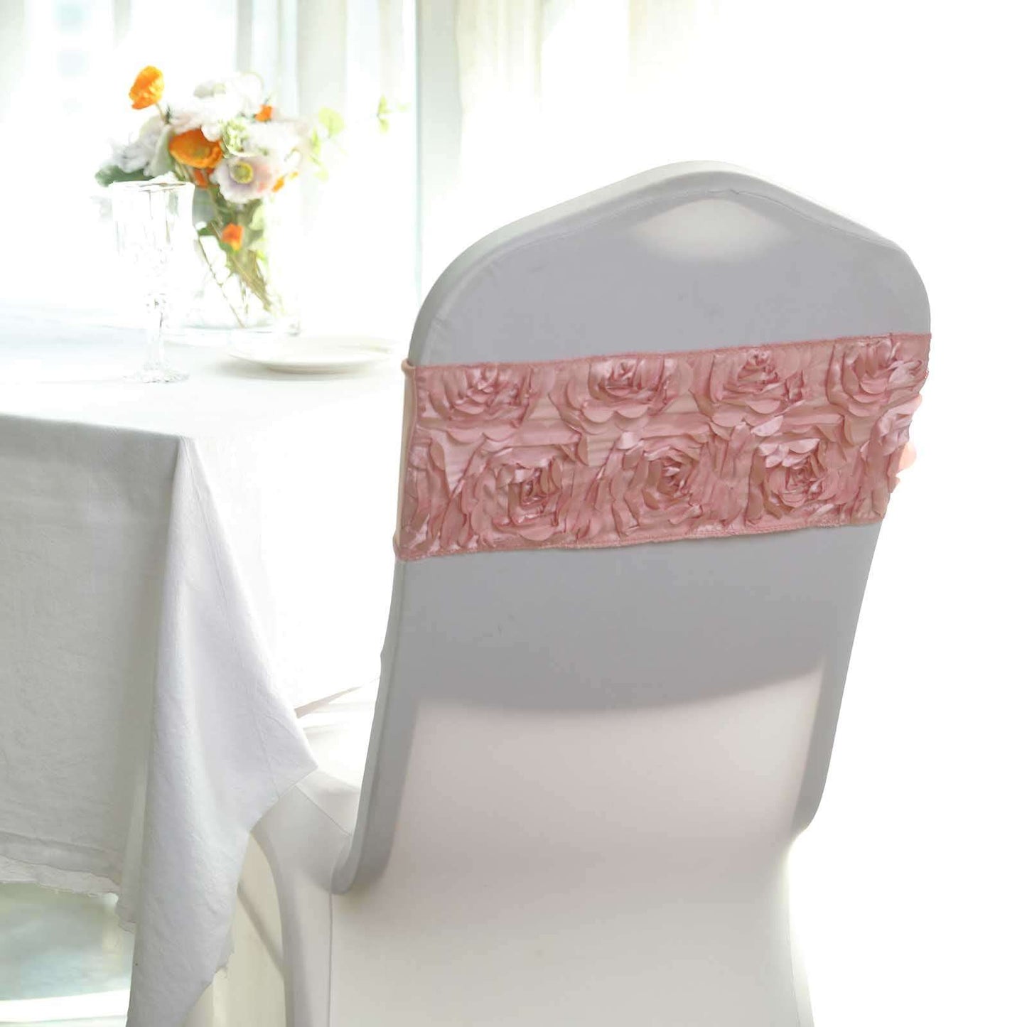 5 Pack Satin Spandex Chair Sashes Dusty Rose - Rosette Design Stretch Chair Bands 6"x14"