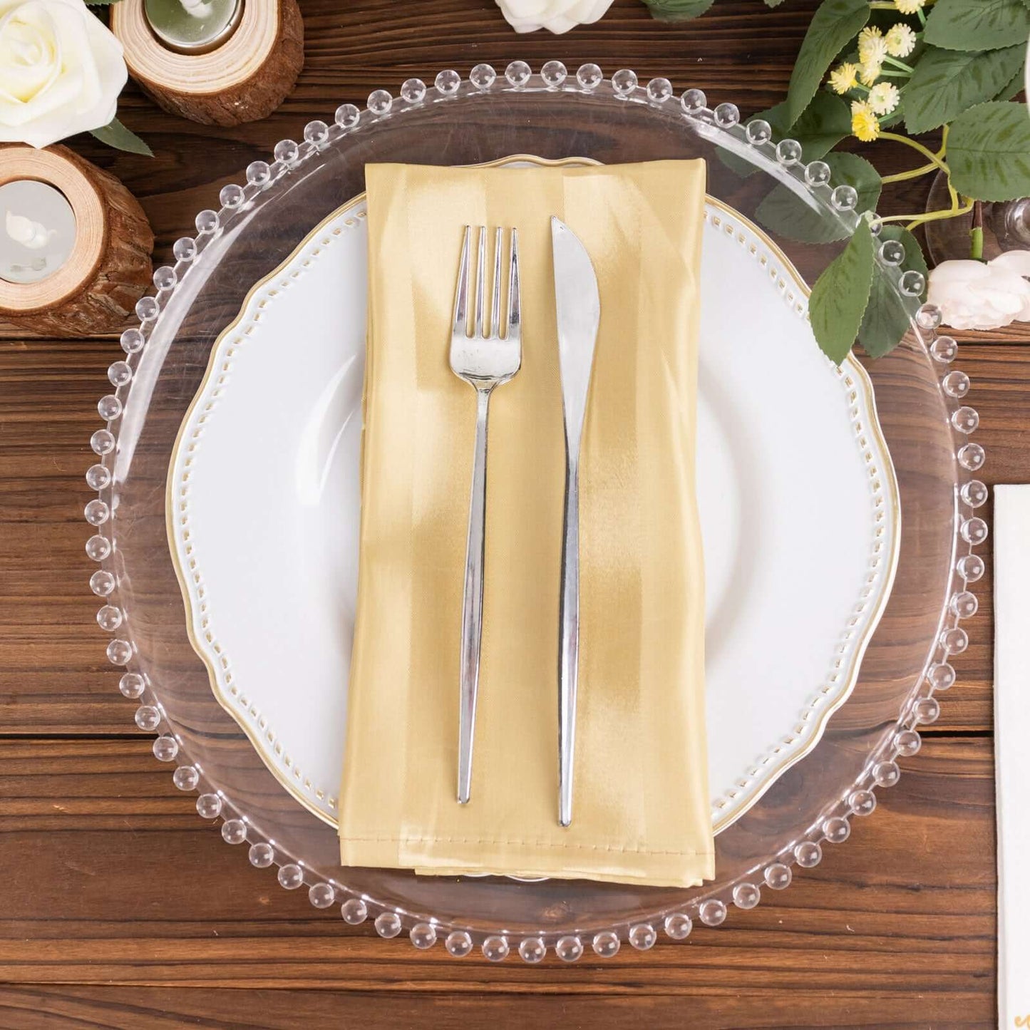 5 Pack Satin 20"x20" Napkins Champagne Glossy Stripes - Durable & Wrinkle-Free Cloth Napkins