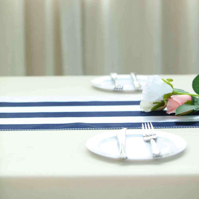 Satin 12"x108" Table Runner Navy Blue/White Stripe - Classic Striped Design