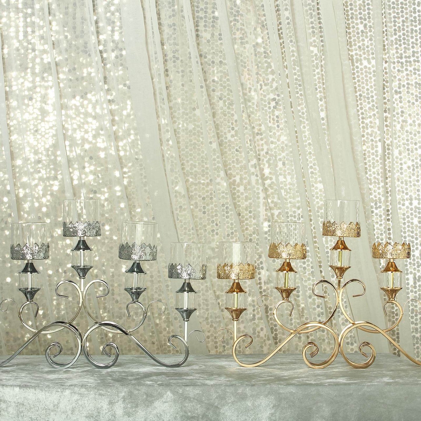 5-Arm Metal Table Candelabra Antique Gold Crown Top Design - Stylish Horizontal Table Centerpiece with Glass Votive Holders 18"