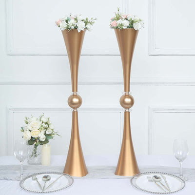 2 Pack 31" Shiny Gold Crystal Embellishment Trumpet Flower Vase, Reversible Plastic Table Centerpiece