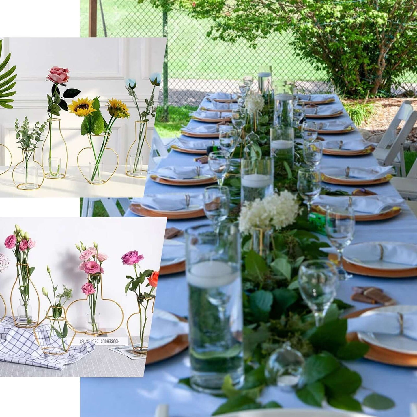 2-Pack Flower Stands Gold Metal Frame Geometric Design - Test Tube Vase Centerpieces 6.5"