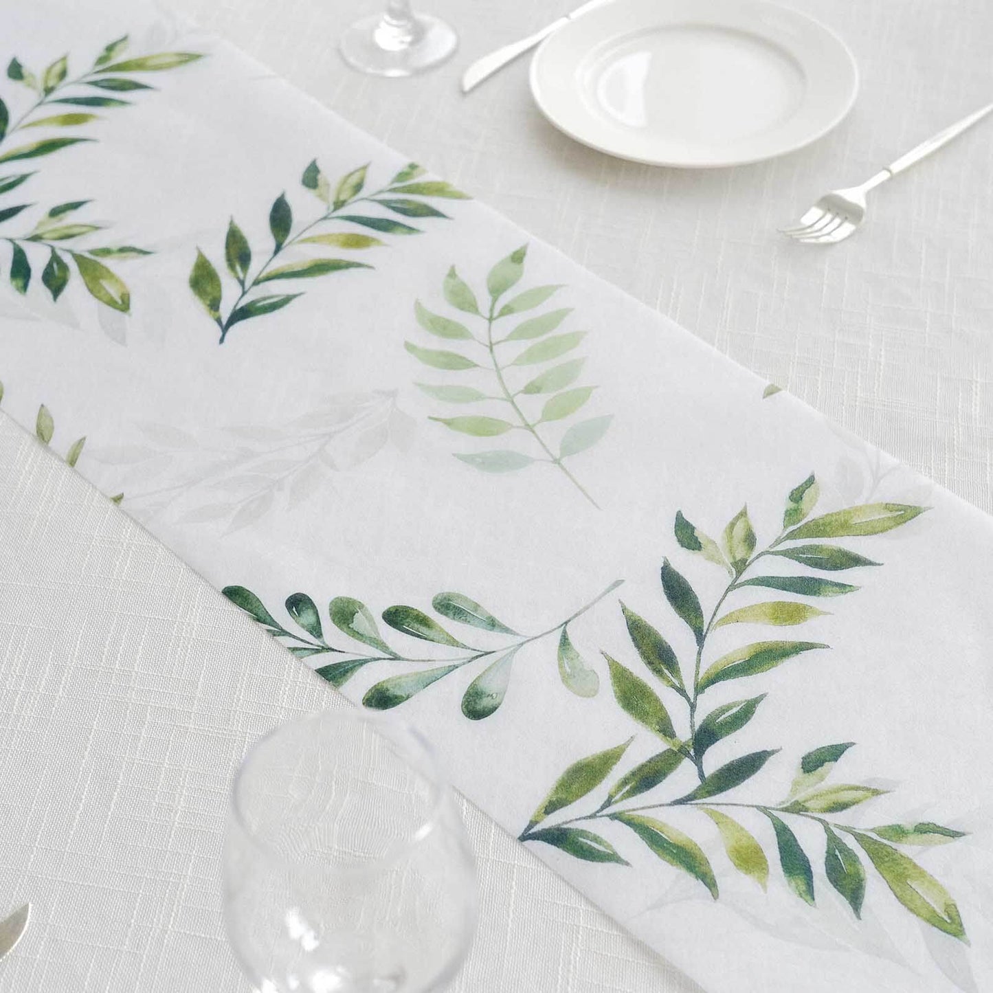 Disposable Table Runner 11"x108" White with Green Olive Leaves Print - Non-woven Stylish Spring Summer Dining Decor