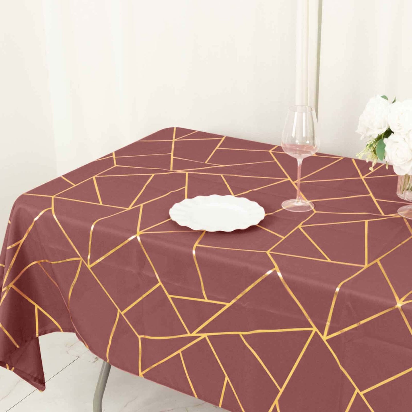 Polyester 60"x102" Rectangle Tablecloth Cinnamon Rose with Gold Foil Geometric Pattern - Wrinkle-Resistant & Durable Table Cover