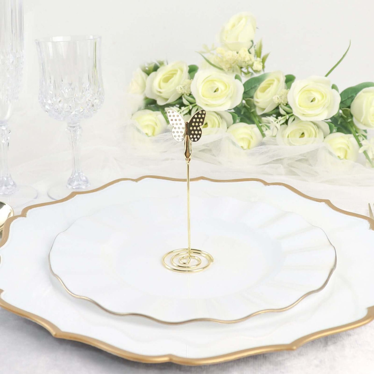 5-Pack Metal Place Card Holders Gold - Modern Table Number Stands with Whimsical Butterfly Clips & Spiral Base for Signs Memos Photos Menus 5"