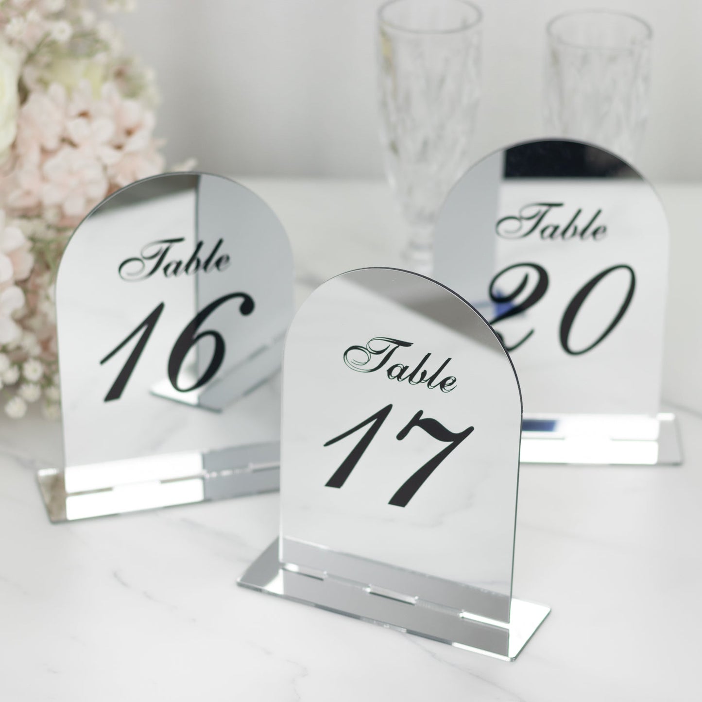 Silver Mirror Arch Acrylic Table Numbers (11-20) - 6"x7" Wedding Reception Signs with Black Print & Stands
