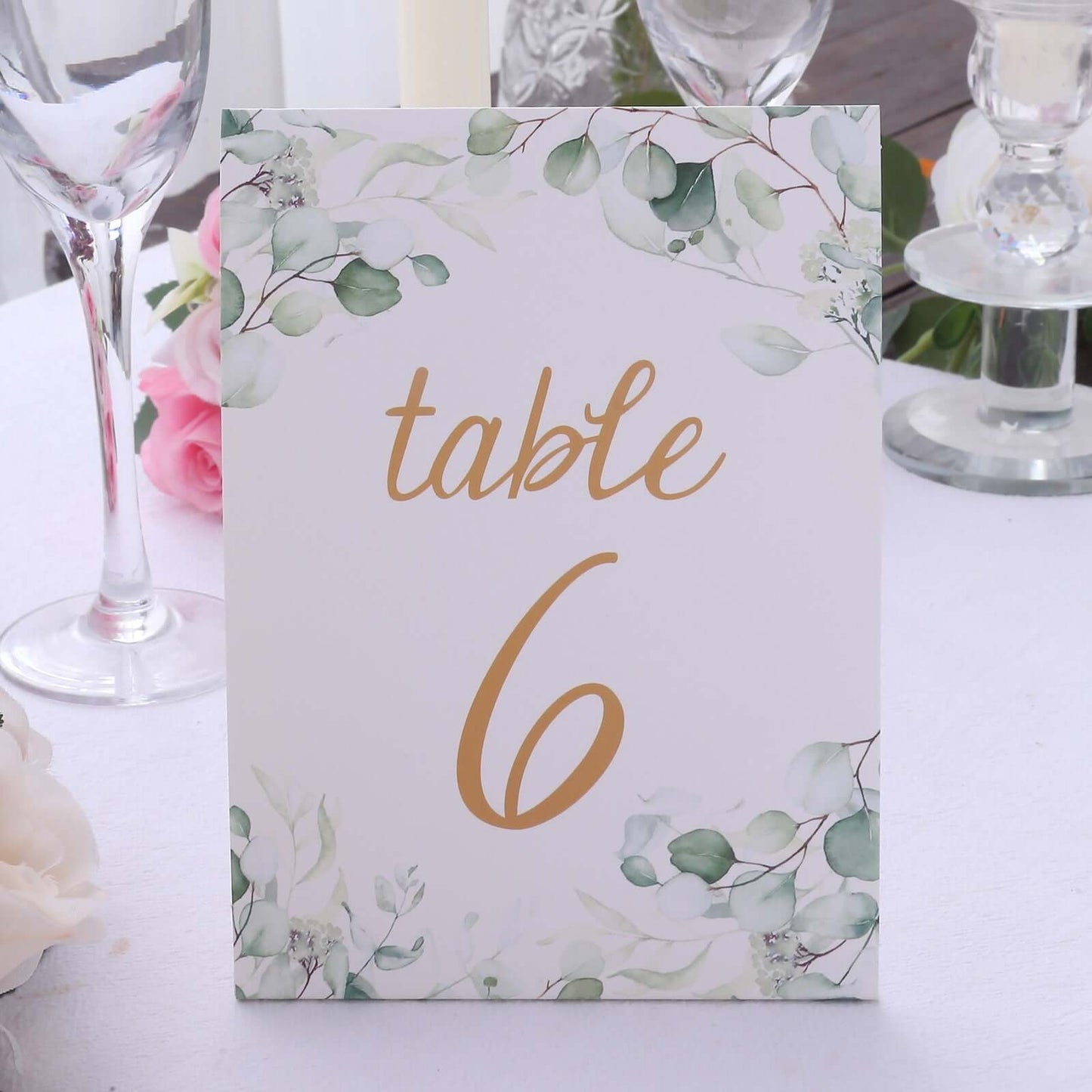 25-Pack Paper Wedding Table Numbers 1-25 White/Green Eucalyptus Leaves Design - Free Standing Double Sided Table Signs with Glam Gold Foil Numbers 7"