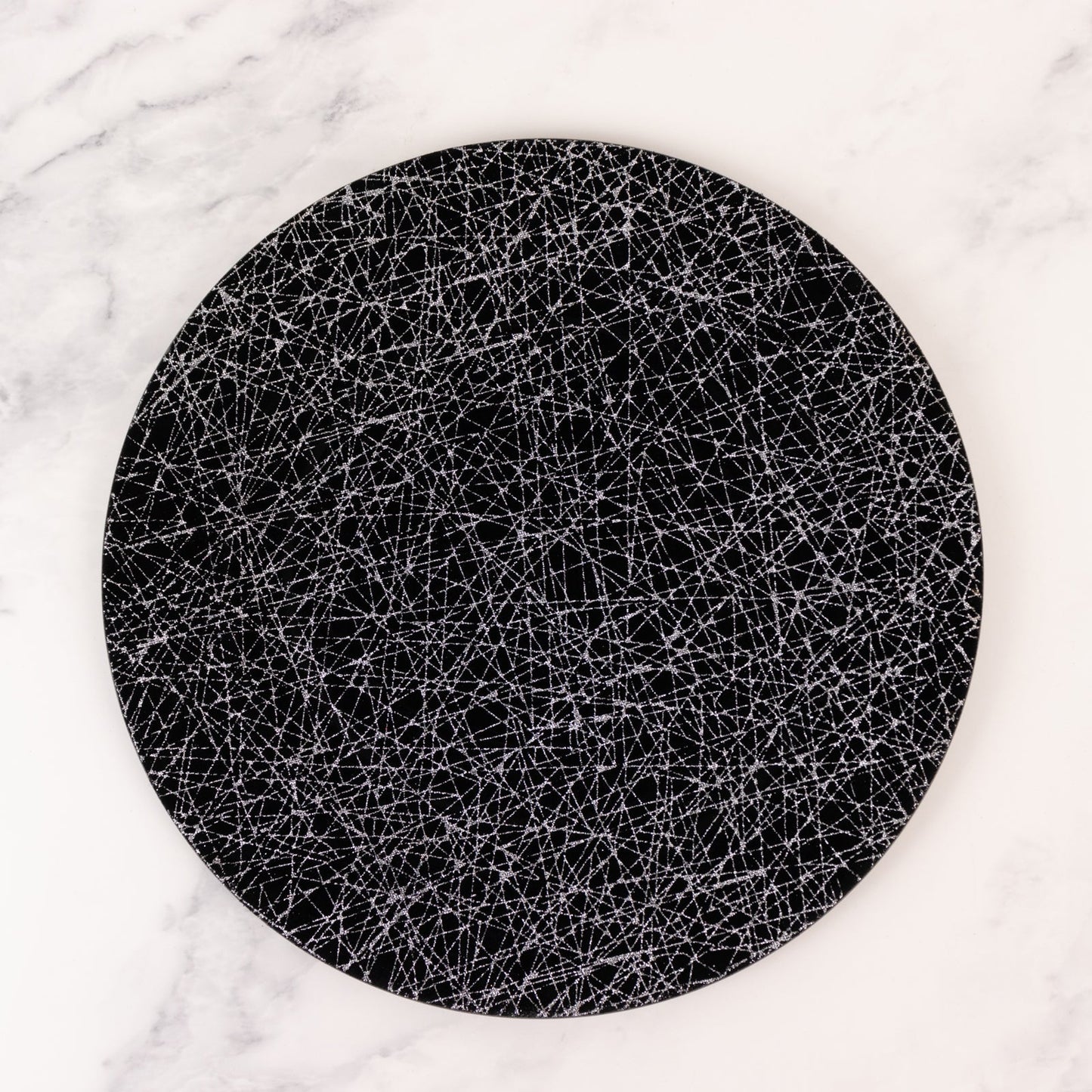 6-Pack Acrylic Round Charger Plates 13" in Black with Silver Glitter Abstract Lines Pattern, Decorative Dinner Party Charger Tableware