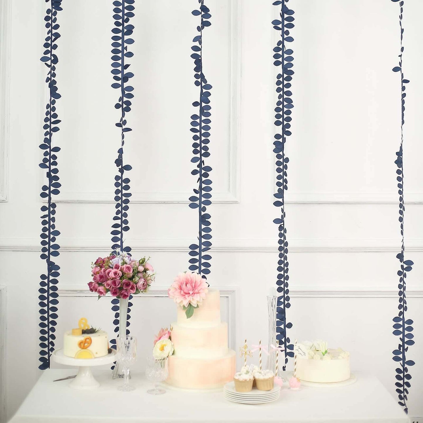 Taffeta Ribbon Sash with 4" Leaf Petal Design Navy Blue 50ft - Sophisticated Artificial Fabric Garland