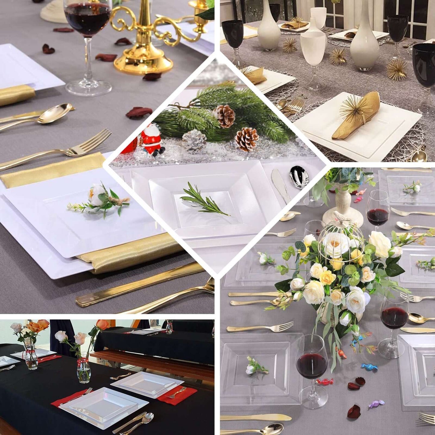 10-Pack Dessert Plates Square Design with Wide Rim Glossy Clear - Plastic Disposable Plates for Events 6"