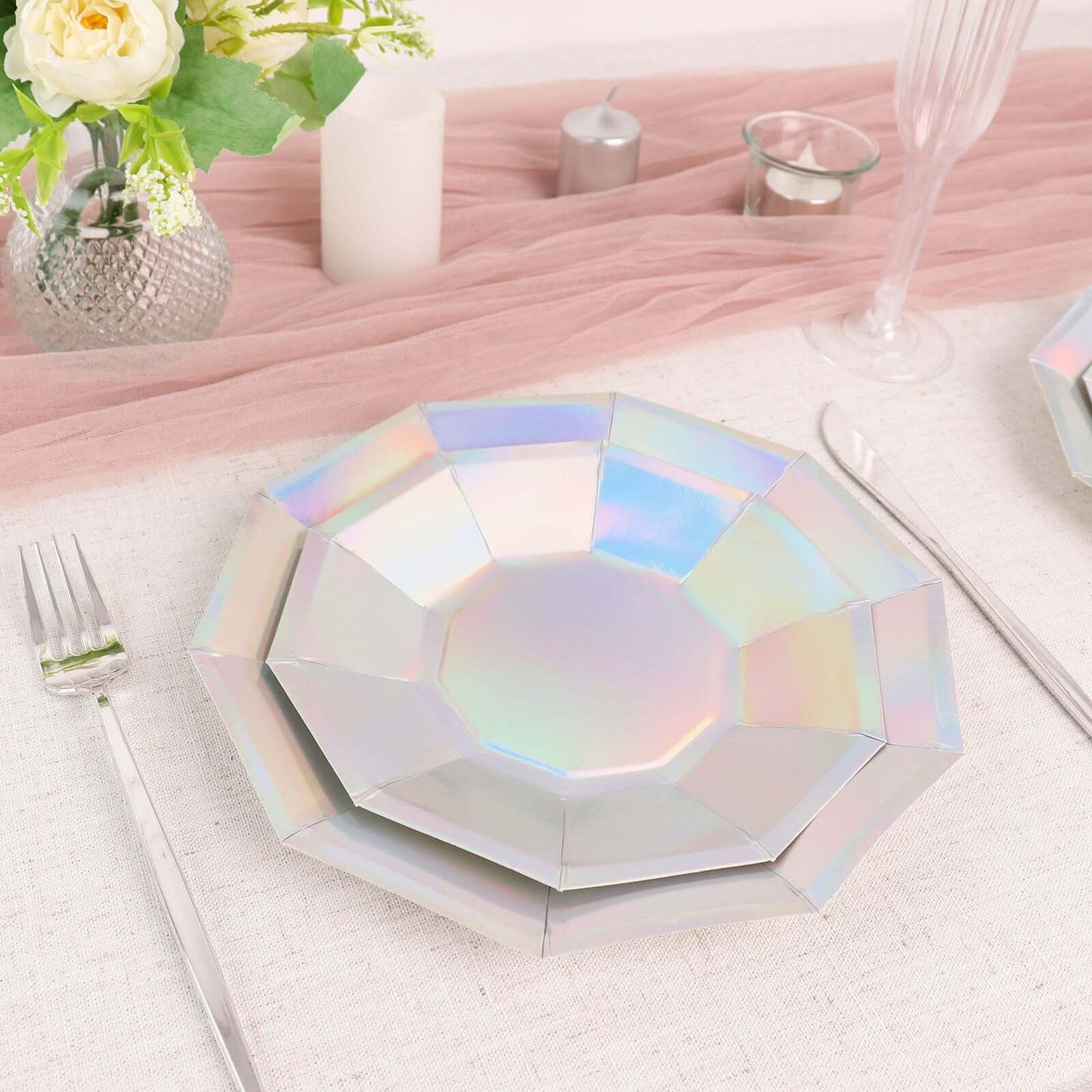 25-Pack Paper 9" Decagon Dinner Plates in Iridescent - Disposable Geometric Party Plates for Disco & Space Themed Events