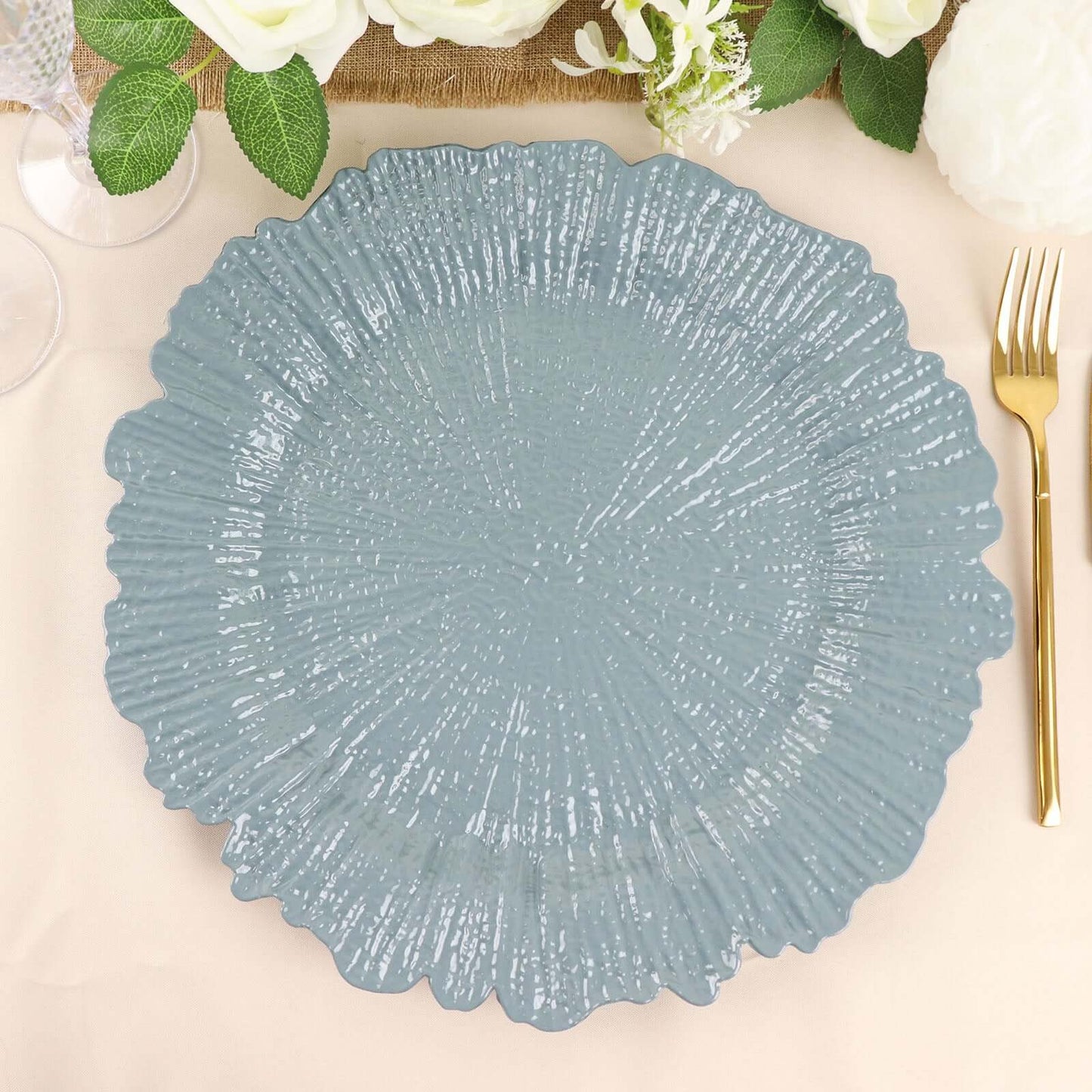 6-Pack Acrylic Plastic Round Charger Plates 13" in Dusty Blue with Reef Design, Dinner Charger Tableware